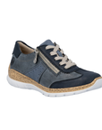 Navy sneaker with light blue accent panels, beige lace, side zipper, faux cork midsole and white outsole.