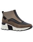 A brown Rieker top zipper sneaker with black accents and black and white wedge outsole.