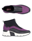 A pair of purple Rieker top zipper sneaker boots with black accents and black and white wedge outsole.