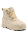Tan ankle boot with thick rubber outsole, thick decorative laces and faux fur poking out of top.
