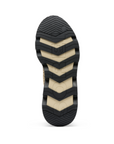 Black and beige treaded outsole with Sorel logo stamped through middle.