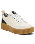 Cream platform leather lace sneaker with black accents, black Sorel logo on tongue and tan gum outsole.