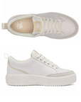 Pair of beige platform leather lace sneaker with gum sole and rust heel accent.