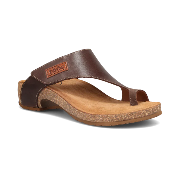 Taos Loop Sandal in brown with a toe ring design, featuring a leather upper and supportive cork footbed for all-day comfort.