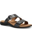 Pewter metallic slide sandal with two Velcro straps, detail buckle, beige Taos logo'd footbed and black outsole.