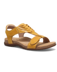 Yellow backstrap sandal with woven details on t-strap, tan Taos logo'd footbed and brown rubber outsole.