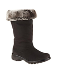 A mid-calf black suede boot with a grey faux-fur lining folded over cuff and deep treaded outsole.