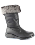 A black mid-calf leather boot with a rounded toe and a rugged treaded outsole, with grey fur cuff folded down.