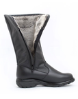 A black mid-calf leather boot with a rounded toe and a rugged treaded outsole, with open side zipper showing fur lining.