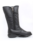 A black mid-calf leather boot with a rounded toe and a rugged treaded outsole, with inside zipper.