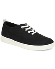 Black casual sneaker with white elastic laces and white outsole.