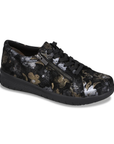 Black suede sneaker with floral metallic pattern, side zipper, black laces and black light treaded outsole.