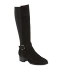 Women's Bos&Co Rebel Tall Boot in black waterproof suede with side buckle and low block heel. Stylish fall boot ideal for casual or dress wear.
