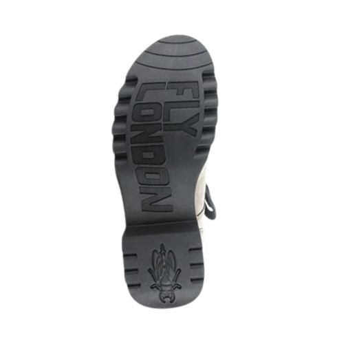 Bottom sole of Women's Fly London Ragi Combat Boot showing Fly London branding and durable tread for traction and support.