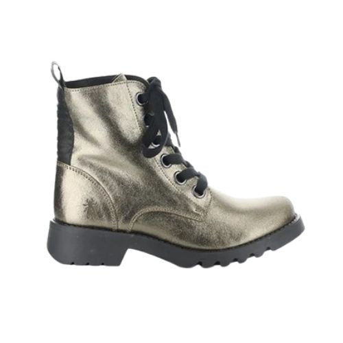 Side view of Women's Fly London Ragi Combat Boot in genuine metallic leather, featuring ankle-high design and lace-up closure.