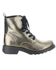 Side view of Women's Fly London Ragi Combat Boot in genuine metallic leather, featuring ankle-high design and lace-up closure.