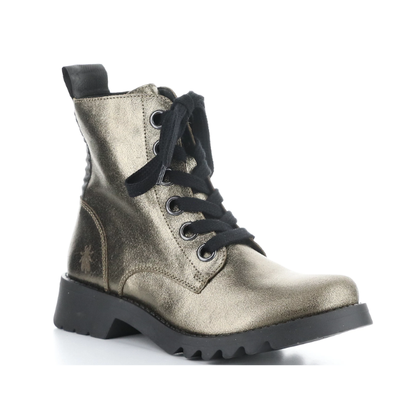 Women's Fly London Ragi Combat Boot in metallic leather with black laces and rugged sole, ideal for fall fashion and all-day comfort.