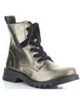Women's Fly London Ragi Combat Boot in metallic leather with black laces and rugged sole, ideal for fall fashion and all-day comfort.