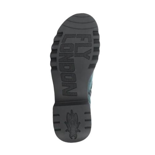 Bottom sole of Fly London Rily Ankle Bootie showing Fly London branding and tread pattern for grip and traction in women's fall boots.