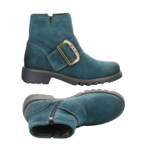 Side and top views of Fly London Rily Ankle Bootie in teal leather, featuring zipper closure and rugged sole for comfort and durability.