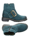 Side and top views of Fly London Rily Ankle Bootie in teal leather, featuring zipper closure and rugged sole for comfort and durability.