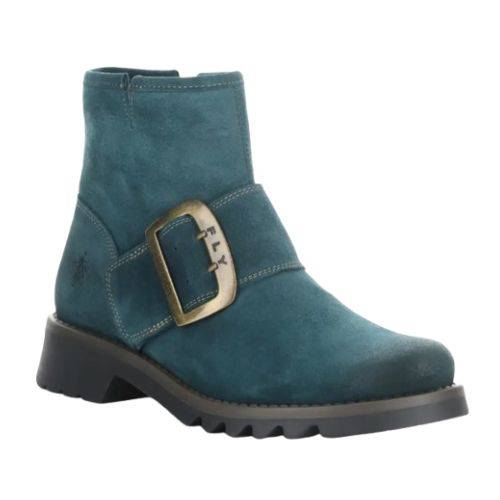 Fly London Rily Ankle Leather Bootie in teal suede with side buckle detail, made in Portugal. Stylish women's ankle boots for fall fashion.