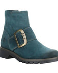 Fly London Rily Ankle Leather Bootie in teal suede with side buckle detail, made in Portugal. Stylish women's ankle boots for fall fashion.