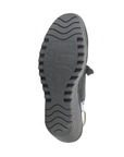 Black lugged outsole with Fly London logo stamped in middle.
