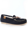 Ottawa Moccasin in Navy. Dark blue suede upper with beige stitching and beige outsole.