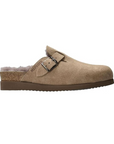 Mephisto clog with suede upper in warm grey, side buckle and fur lining
