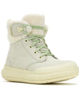 Women's Merrell Marquette Thermo Waterproof Boot in light beige with green laces, featuring a warm fleece collar and durable sole for winter wear.
