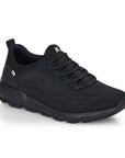 Black slip on mesh sneaker with bungee laces, R-evolution logo on tongue and side tab with a black rubber outsole.