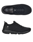 Pair of Black slip on mesh sneakers with bungee laces, R-evolution logo on tongue and side tab with a black rubber outsole.