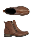 Pair of brown ankle boots with a side zippers, detailed stitching and a tan thin midsole and black outsole.