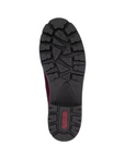 Black treaded low heel outsole with red Rieker logo on heel.