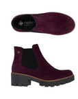 Pair of Deep purple suede Chelsea boots with black elastic goring, black Rieker logo'd footbed and chunky black lugged low heel outsole.