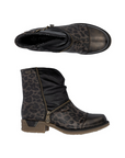 Pair of Women's ankle boots in leopard and black with asymmetrical faux zipper and low heel.