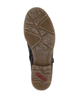 Brown sole of a shoe with a red Rieker logo on heel.