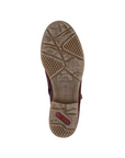 Brown treaded outsole of red ankle boot with red Rieker logo on heel.