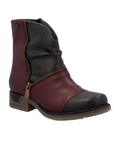 Women's ankle boot in red and brown with asymmetrical faux zipper and low heel.