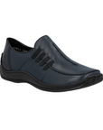 Navy slip-on shoe with black accent stitched lines, side elastics and black outsole.