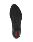 Black treaded outsole with red Rieker logo on low heel.