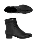Pair of Black leather ankle boots with gathering at instep, side zipper, black patent toe cap and low heel.