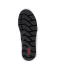 Black rubber outsole with zig zag pattern and red Rieker logo on heel.