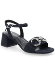 Dark navy block heel sandals with thin ankle buckle strap and two silver linked circle designs on toe strap.