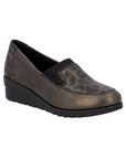 Brown slip-on wedge shoe with black leopard print pattern accents and black rubber outsole.