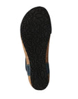 Black pebbled outsole below cork midsole of a sandal.