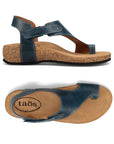 A pair of Petrol blue leather sandal with T-strap design with toe loop, velcro connecting backstrap and a cork midsole on rubber outsole with slight heel.