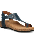 Petrol blue leather sandal with T-strap design with toe loop, velcro connecting backstrap and a cork midsole on rubber outsole with slight heel.