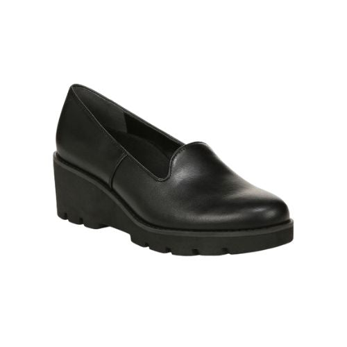 Women's Vionic Willa Wedge supportive wedge sandal in black with slip-on design and cushioned sole, ideal for casual and office wear.